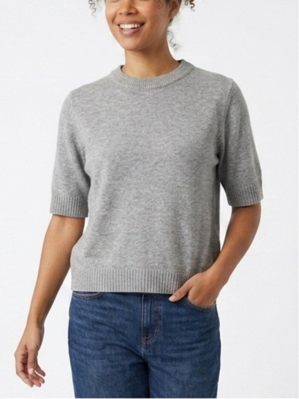 Pistache Grey Fine Knit Short Sleeve Crewneck Sweater Made in Italy - XL 561